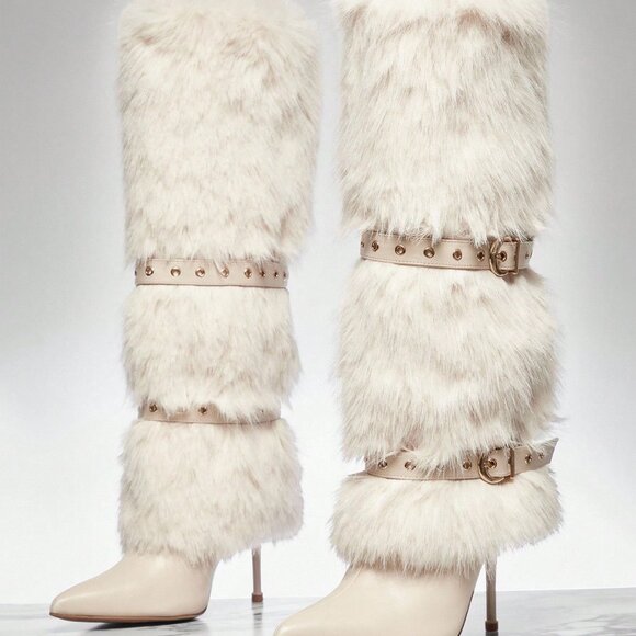 Beige Casual Women's Furry faux fur Pointed Stiletto Boots - Picture 1 of 7